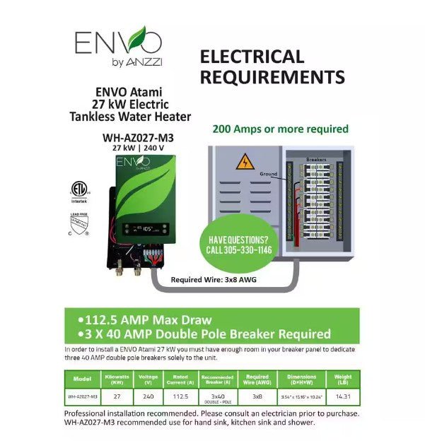 Anzzi WH-AZ027-M3 Envo Atami Tankless Water Heater 27kW Electric 4.8 GPM Single Phase New