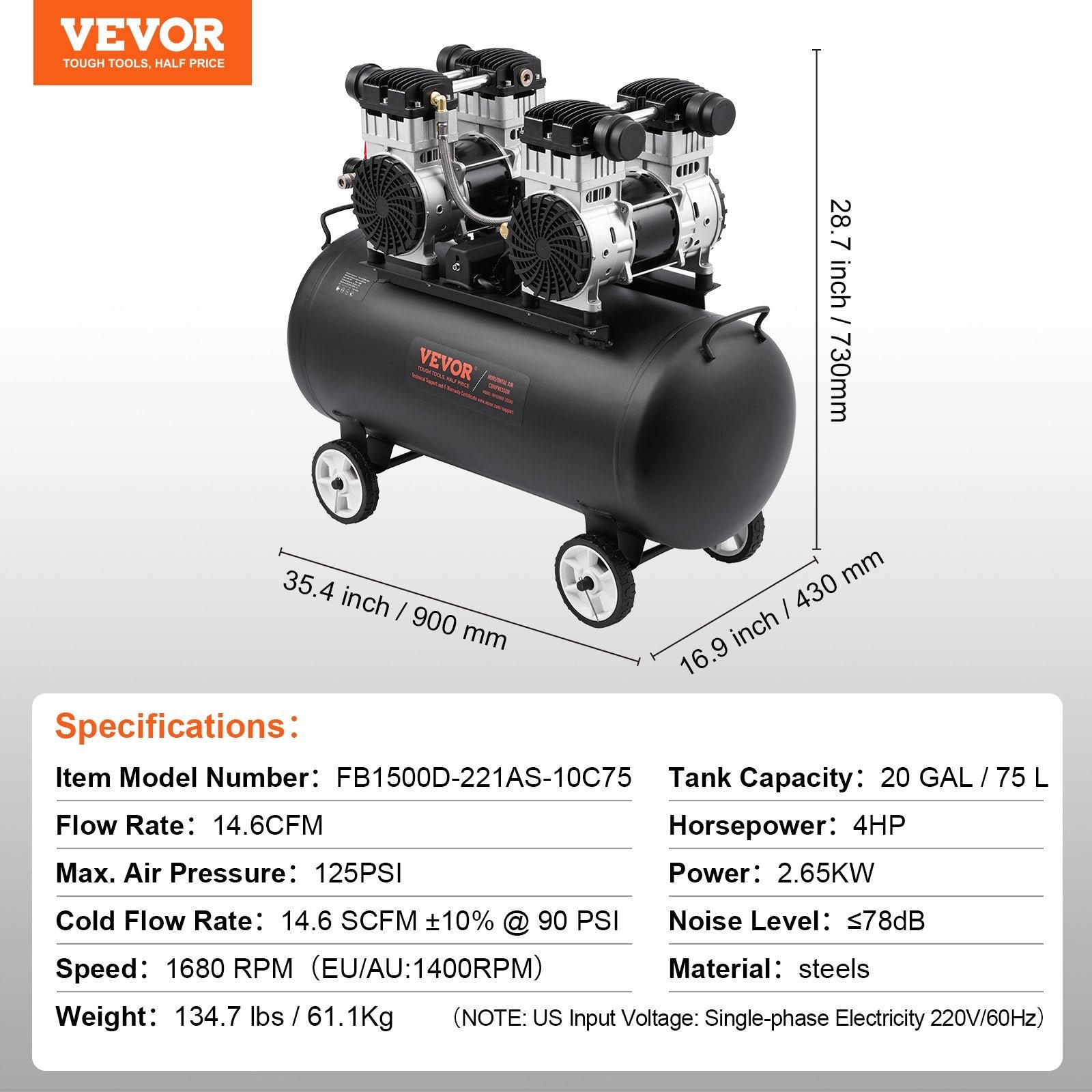 Vevor Air Compressor 20 Gal. Max 125 PSI Oil-Free Horizontal Compact Portable New